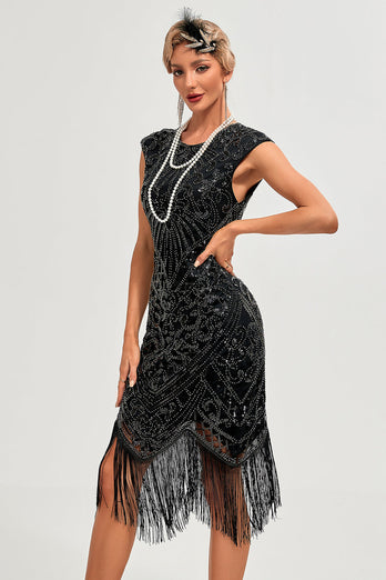 Glitrende sort perleberedt frynsede 1920'erne Gatsby kjole