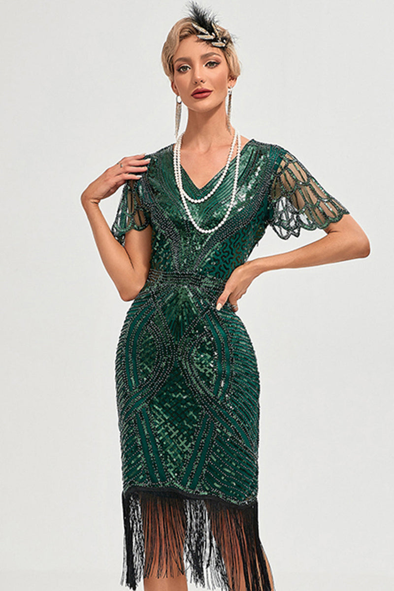 Indlæs billede til gallerivisning Glitrende mørkegrøn perle beaded frynsede cap ærmer 1920&#39;erne Gatsby kjole