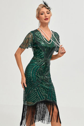 Glitrende mørkegrøn perle beaded frynsede cap ærmer 1920'erne Gatsby kjole