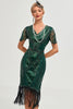 Indlæs billede til gallerivisning Glitrende mørkegrøn perle beaded frynsede cap ærmer 1920&#39;erne Gatsby kjole