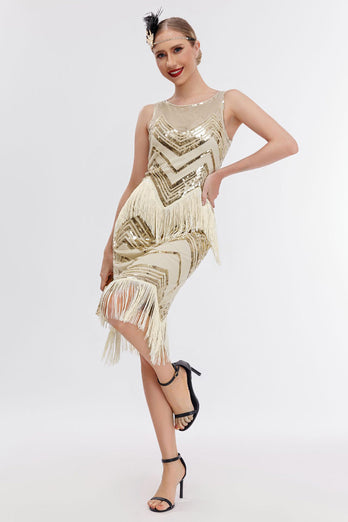 Glitrende champagne pailletter frynsede 1920'erne Gatsby kjole