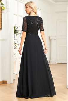 Glitrende sort formel kjole med korte ærmer
