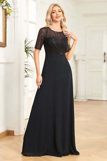 Glitrende sort formel kjole med korte ærmer