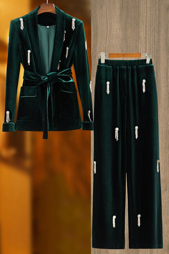 Sort Beaded 2 stk Lace Up Velvet Kvinder Suit