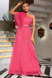 Coral One Shoulder Tulle Long Prom Kjole med bælte