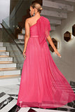 Coral One Shoulder Tulle Long Prom Kjole med bælte