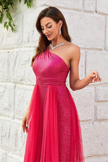 Hot pink One Shoulder Sparkly Prom Kjole