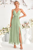 Indlæs billede til gallerivisning A-line tyl lysegrøn spaghetti stropper formel kjole med slids