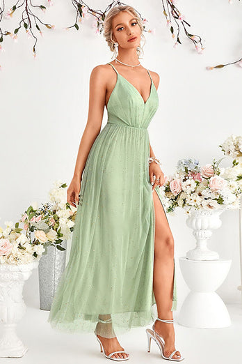 A-line tyl lysegrøn spaghetti stropper formel kjole med slids