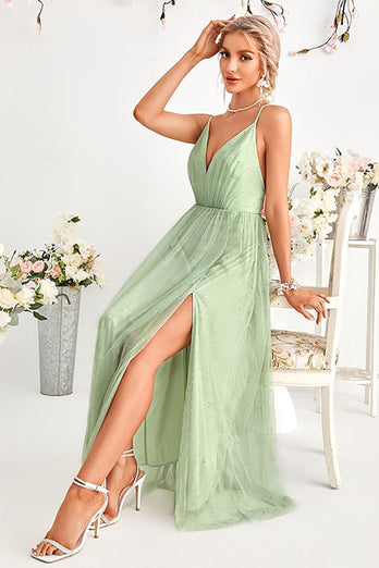 A-line tyl lysegrøn spaghetti stropper formel kjole med slids