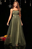 Glitrende A-Line Spaghetti Stropper Army Green Formel Kjole