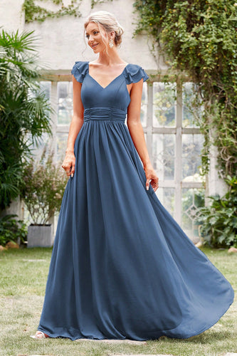 A-line V-hals grå blå formel kjole