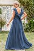 Indlæs billede til gallerivisning A-line V-hals grå blå formel kjole