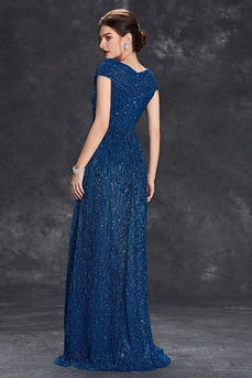 Glitrende A-line V-hals grå blå lang formel kjole