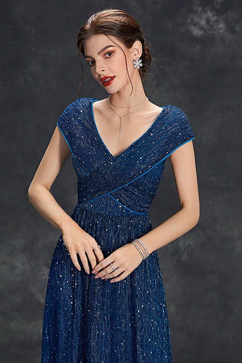 Indlæs billede til gallerivisning Glitrende A-line V-hals grå blå lang formel kjole