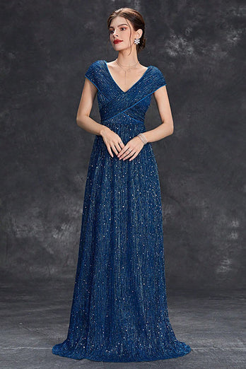 Glitrende A-line V-hals grå blå lang formel kjole