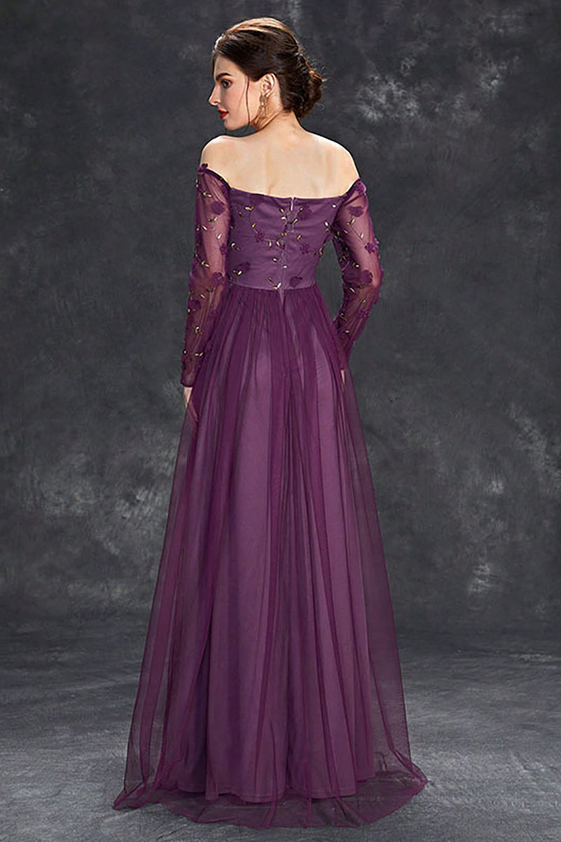 Indlæs billede til gallerivisning Mørk lilla tyl fra skulderen formel kjole med ærmer