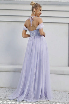 Tyl A-Line lilla lang formel kjole
