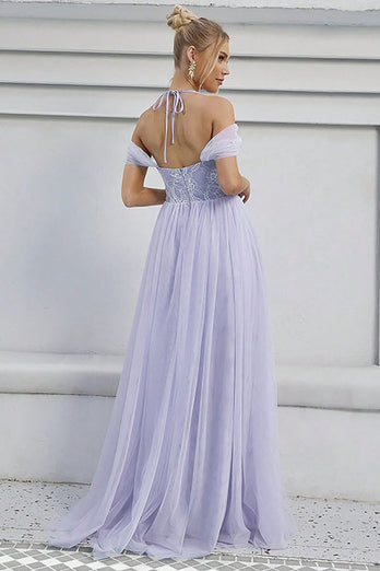 Tyl A-Line lilla lang formel kjole