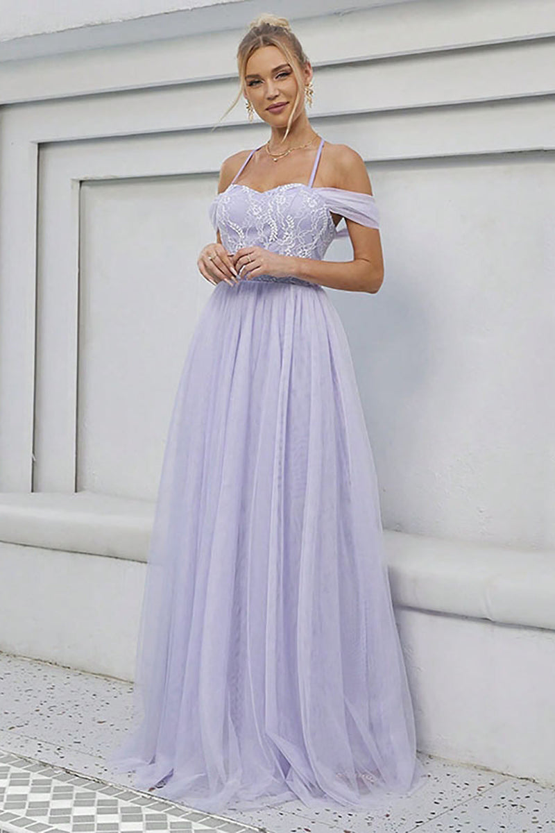 Indlæs billede til gallerivisning Tyl A-Line lilla lang formel kjole