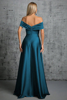 Påfuglblå satin fra skulderen formel kjole
