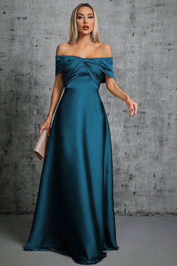 Påfuglblå satin fra skulderen formel kjole