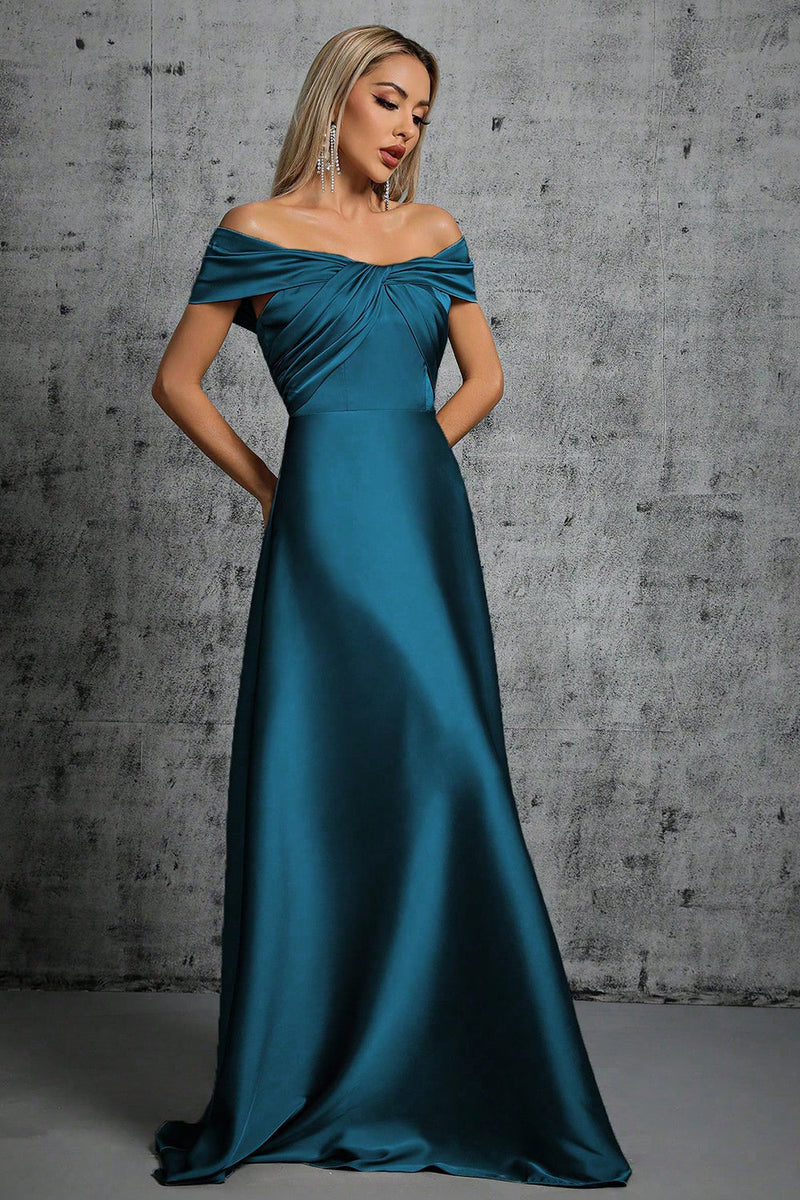 Indlæs billede til gallerivisning Påfuglblå satin fra skulderen formel kjole