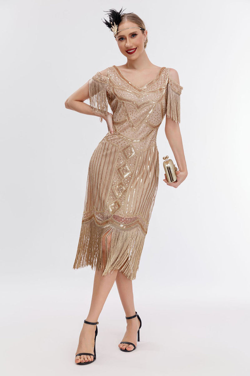 Indlæs billede til gallerivisning Sort gylden kold skulder frynser 1920&#39;erne Gatsby kjole