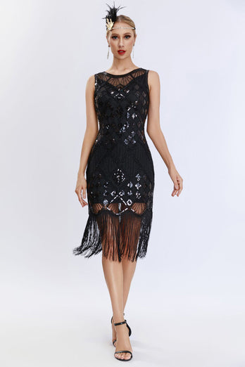 Glitrende sort frynsede 1920'erne Gatsby kjole
