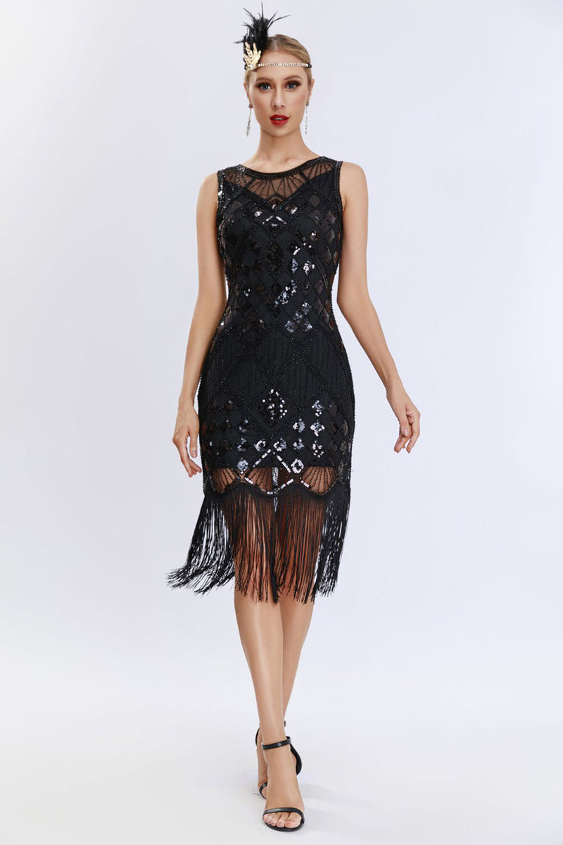 Indlæs billede til gallerivisning Glitrende sort frynsede 1920&#39;erne Gatsby kjole