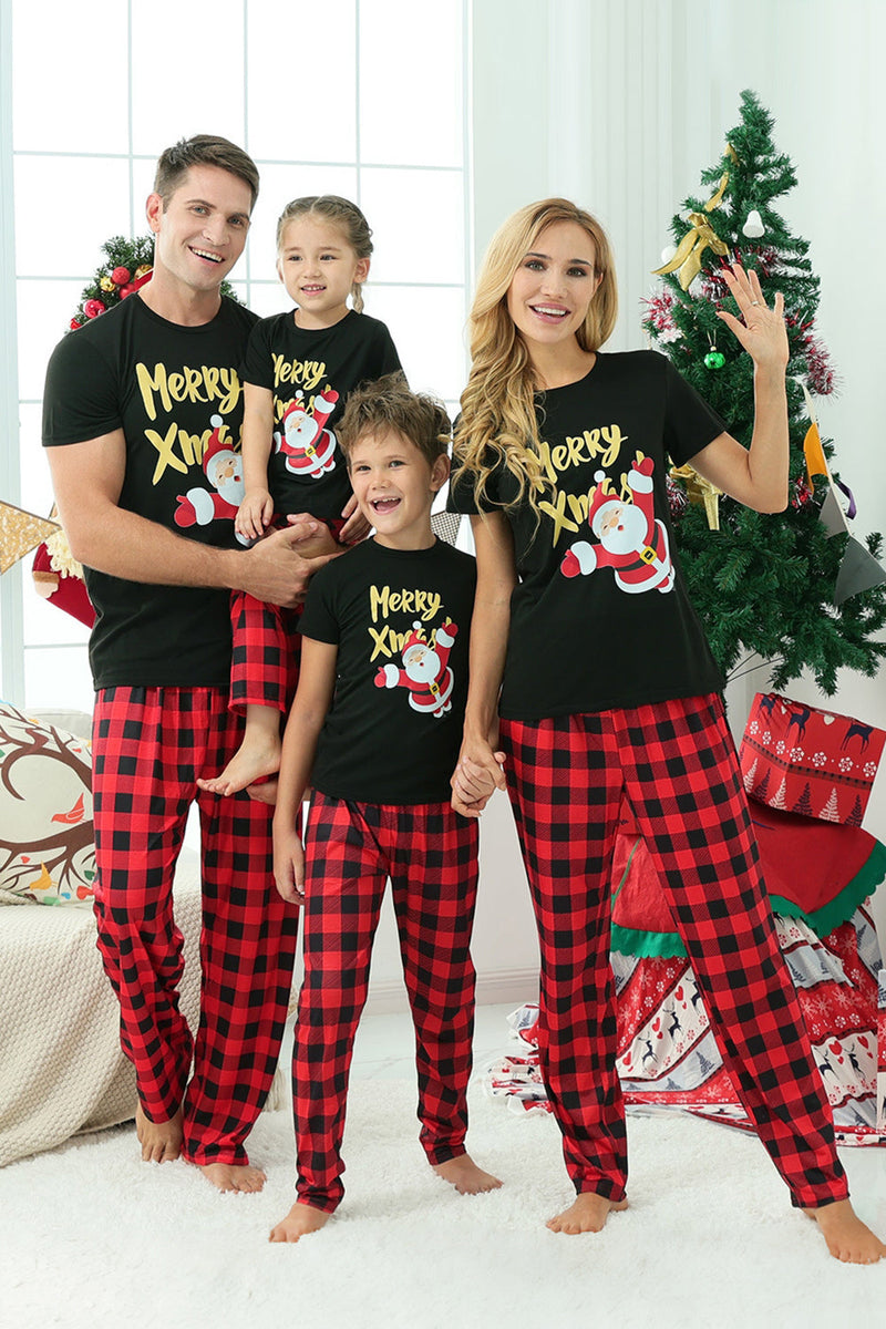 Indlæs billede til gallerivisning Sort &amp; rød plaid familie julepyjamas med korte ærmer