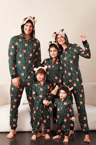 Mørkegrøn trykt familiejul pyjamas i ét stykke