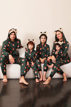 Mørkegrøn trykt familiejul pyjamas i ét stykke