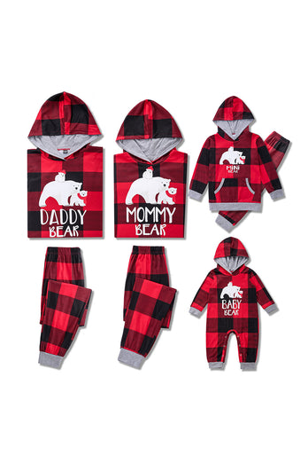 Jul familie rødt gitter bjørn print pyjamas sæt