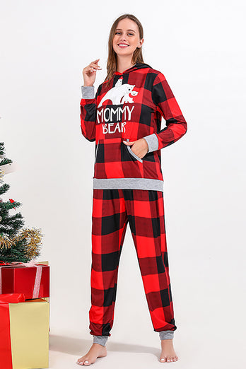 Jul familie rødt gitter bjørn print pyjamas sæt