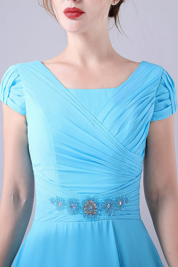 Himmelblå A-Line firkantet hals mor til bruden kjole med plisseret