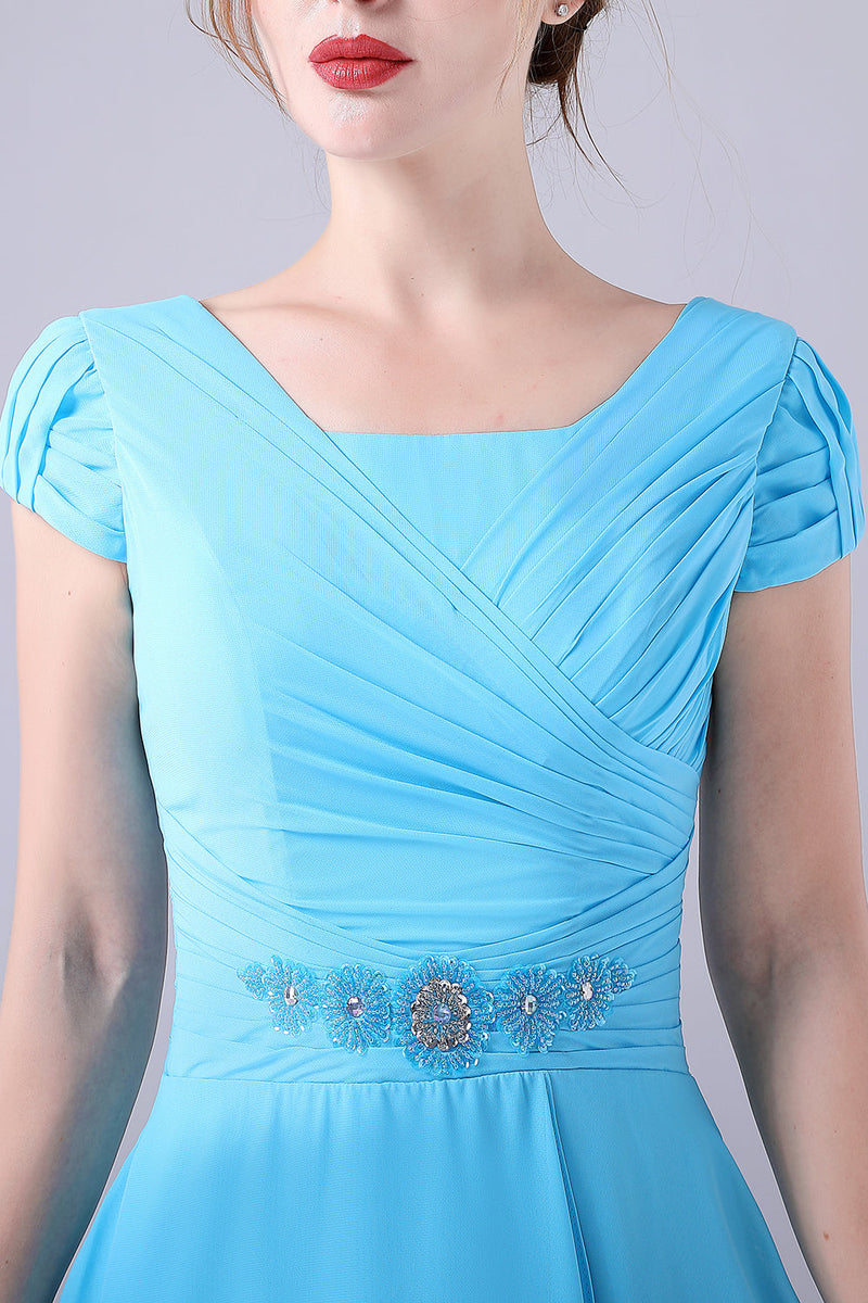 Indlæs billede til gallerivisning Himmelblå A-Line firkantet hals mor til bruden kjole med plisseret
