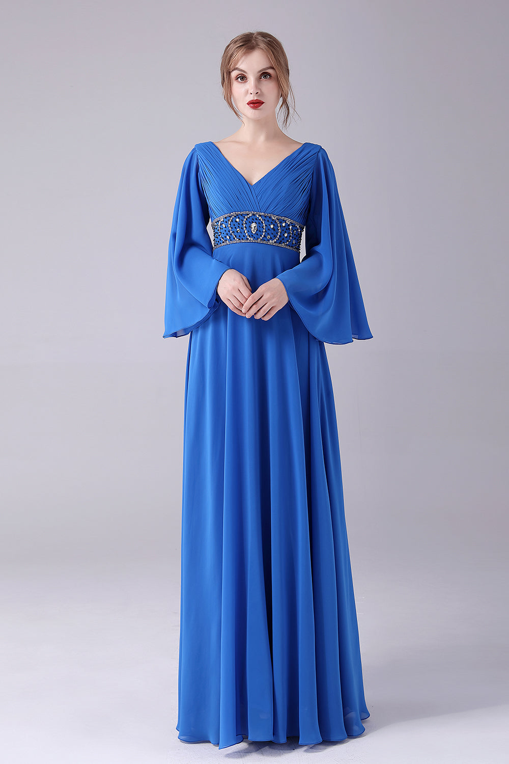 Royal Blue A-line V-hals plisseret gulvlang mor til bruden kjole med perler
