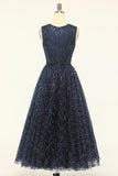 Glitter Navy Tulle Prom Kjole