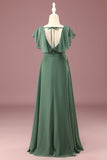 A-line Eucalyptus Chiffon Long Cap Sleeve Junior Brudepige Kjole