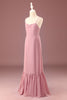 Indlæs billede til gallerivisning Støvet rosa spaghetti stropper A-line chiffon lang junior brudepigekjole