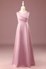 Indlæs billede til gallerivisning Støvet rosa satin A-line plisseret V-hals lang junior brudepigekjole