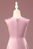 Indlæs billede til gallerivisning Støvet rosa satin A-line plisseret V-hals lang junior brudepigekjole