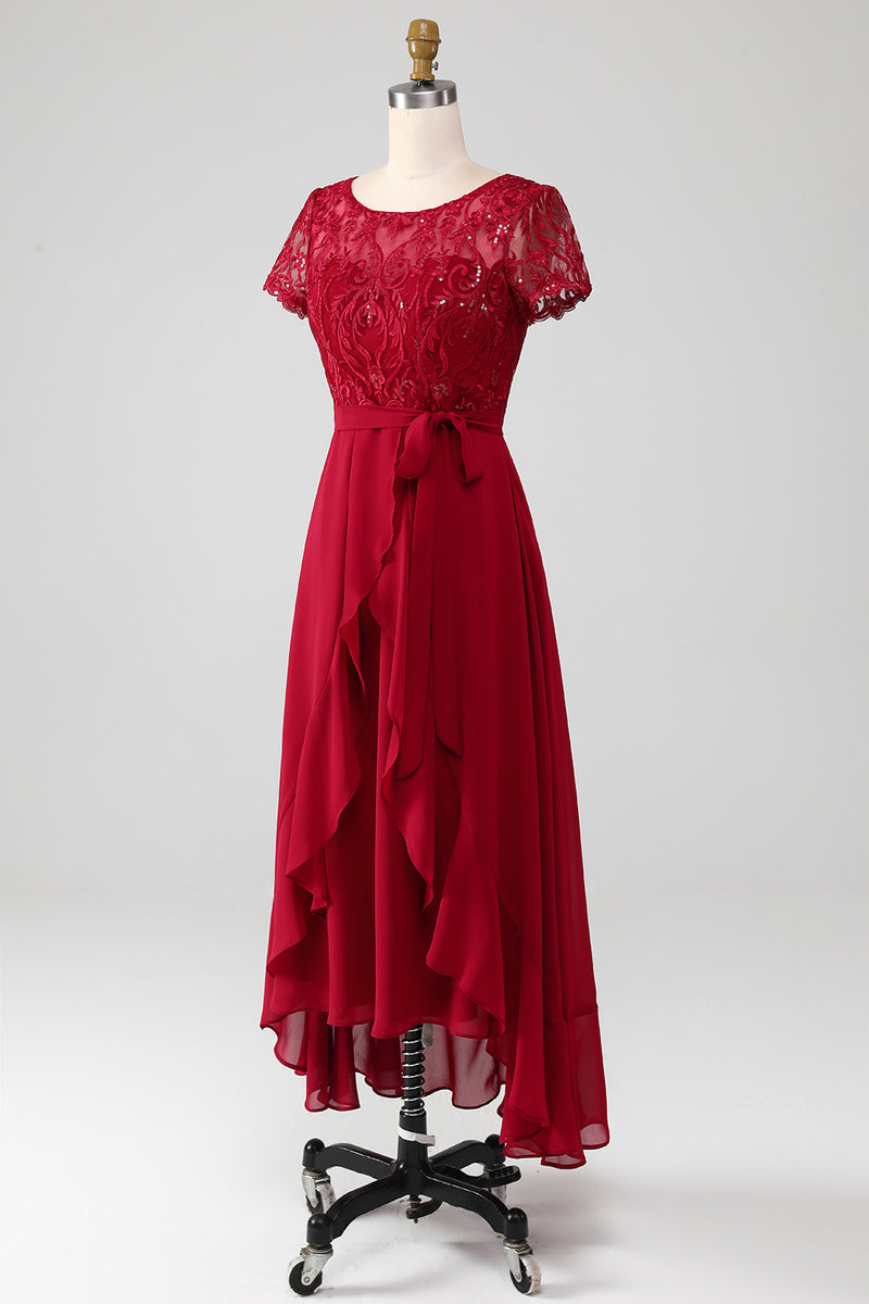 Indlæs billede til gallerivisning Bourgogne asymmetrisk glitrende pailletmor kjole med applikationer