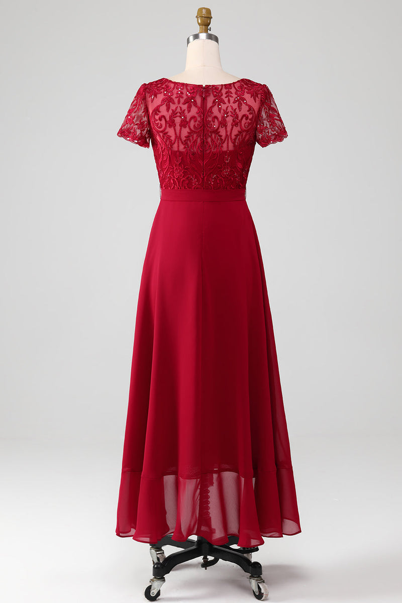 Indlæs billede til gallerivisning Bourgogne asymmetrisk glitrende pailletmor kjole med applikationer