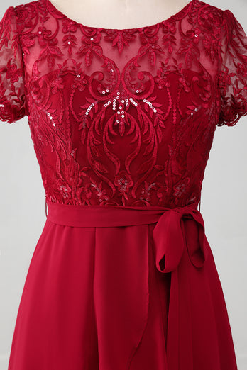 Bourgogne asymmetrisk glitrende pailletmor kjole med applikationer