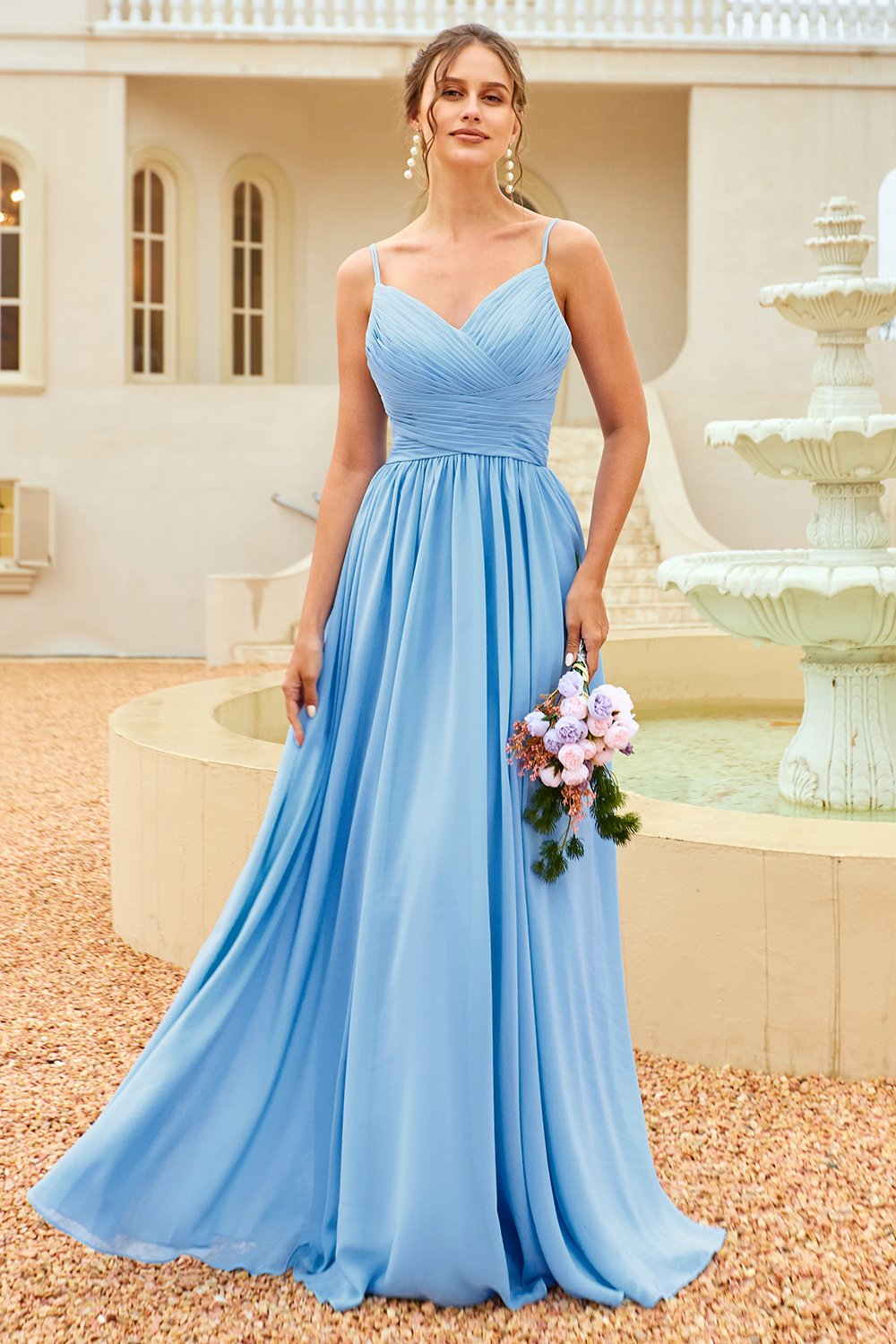 Flæse blå brudepige kjole med blonder