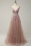 A Line Spaghetti Straps Blush Long Prom Dress med applikationer