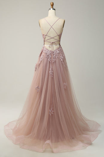 A Line Spaghetti Straps Blush Long Prom Dress med applikationer