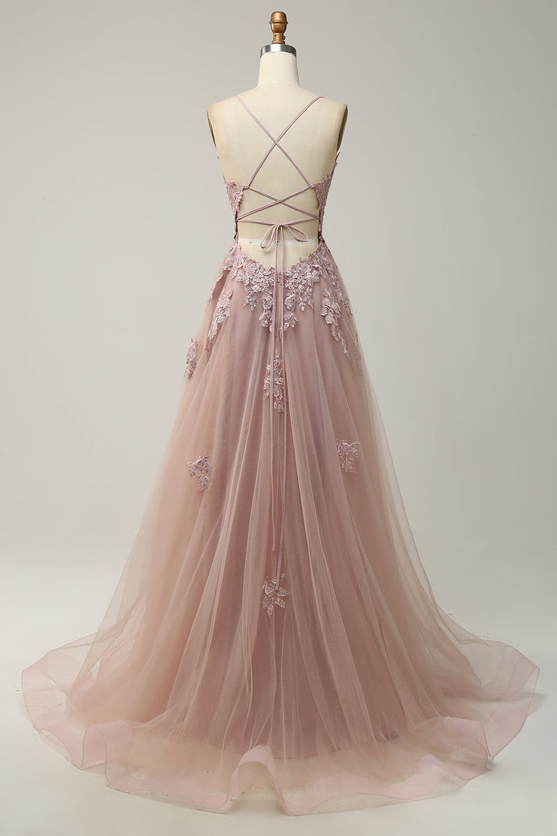 Indlæs billede til gallerivisning A Line Spaghetti Straps Blush Long Prom Dress med applikationer